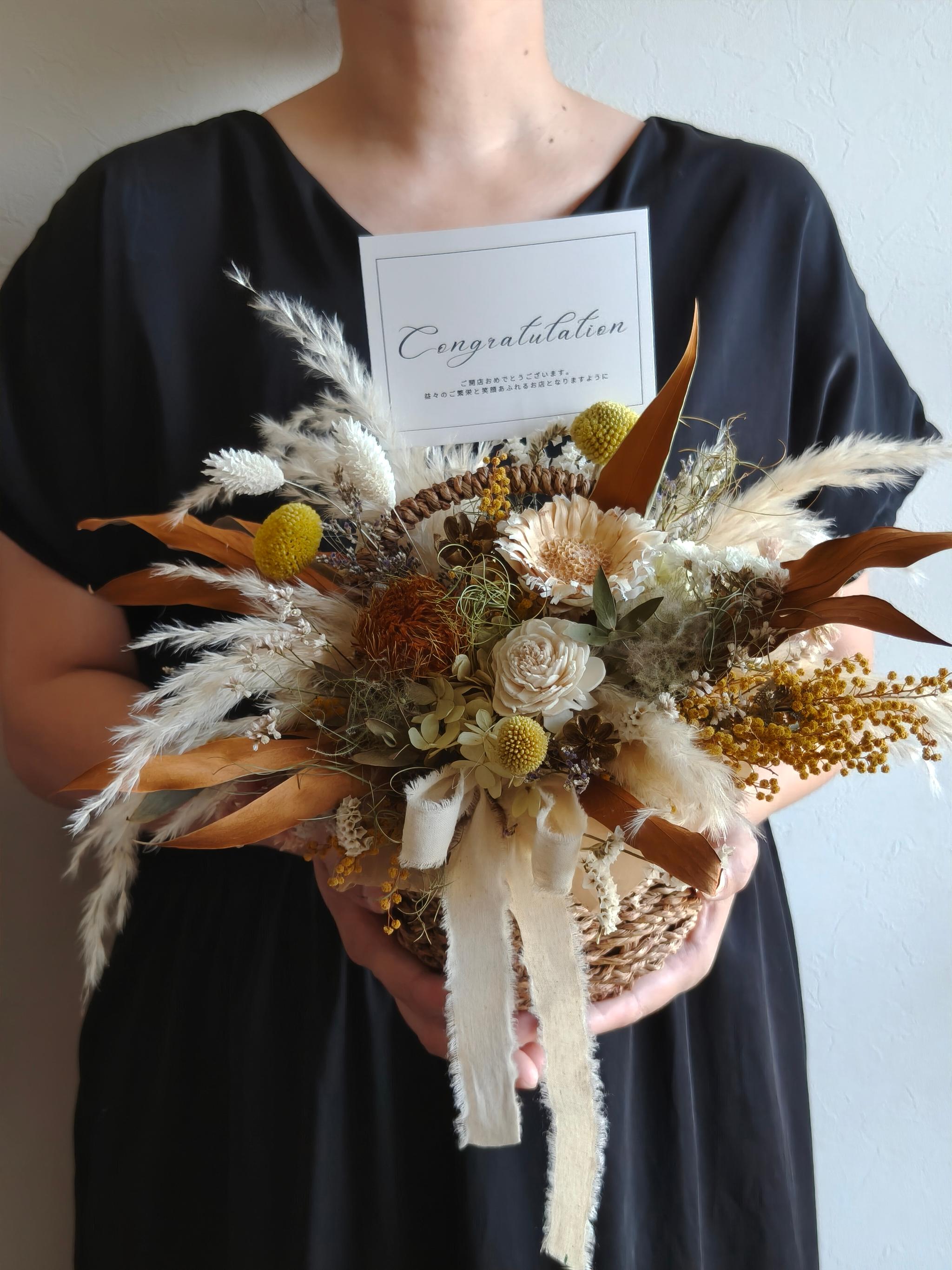 花籠のお祝い花 開店祝い 店舗インテリア 周年祝い ドライフラワー アレンジメント 結婚祝い ミモザ | 10枚目